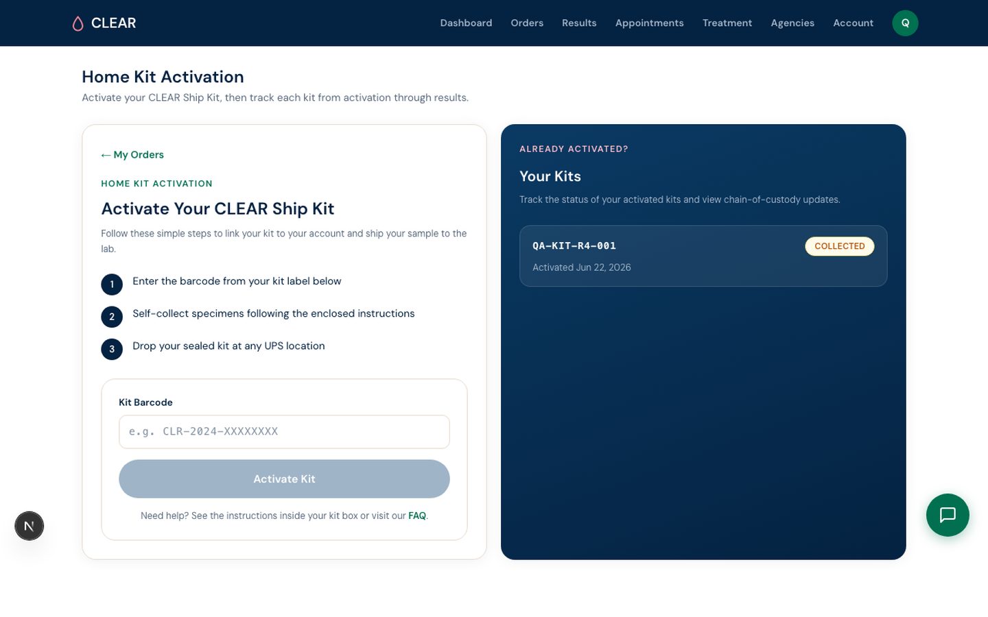 Kit activation & custody